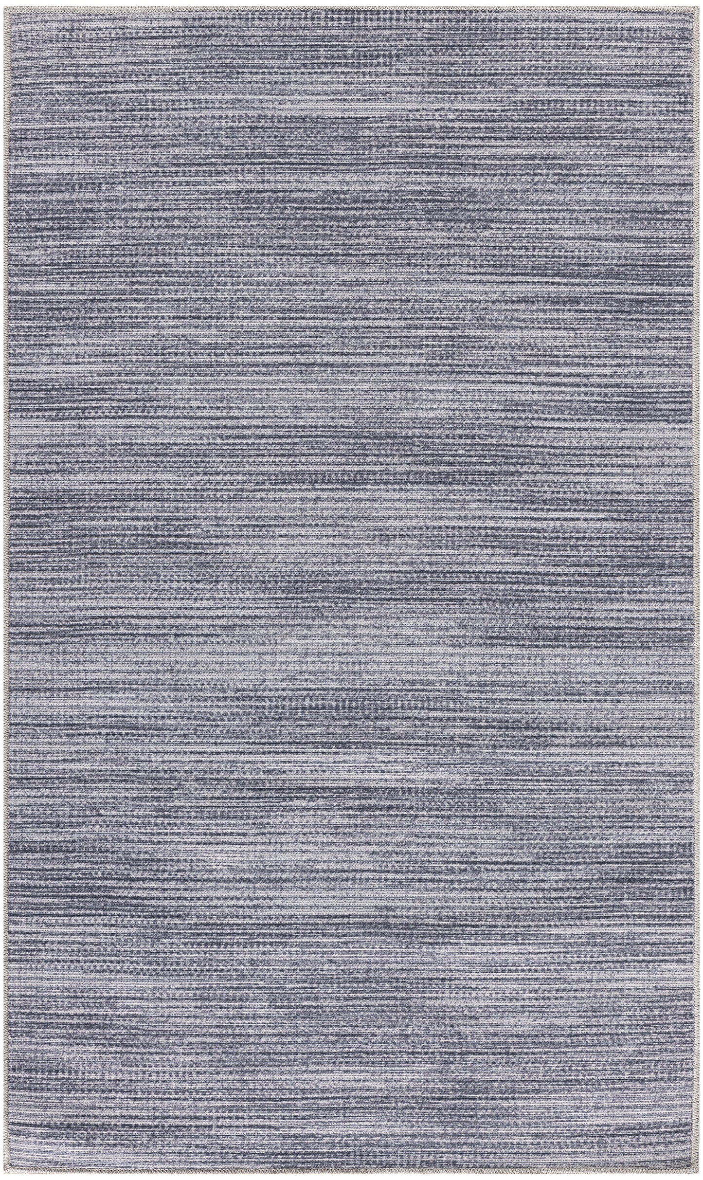 Blue-gray textured area rug with subtle horizontal striations and a light beige border.