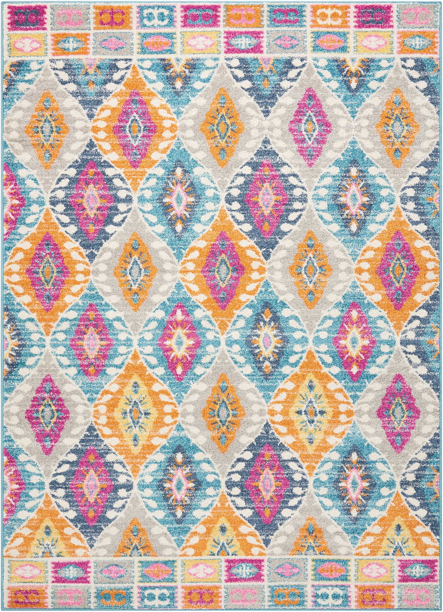 Vibrant diamond-pattern area rug with teal, orange, pink & yellow motifs on a light gray ground; decorative color border.