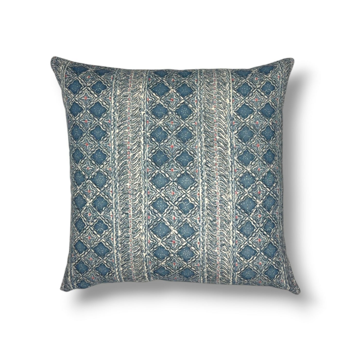 20" blue, ivory, and soft red printed linen pillow cover.