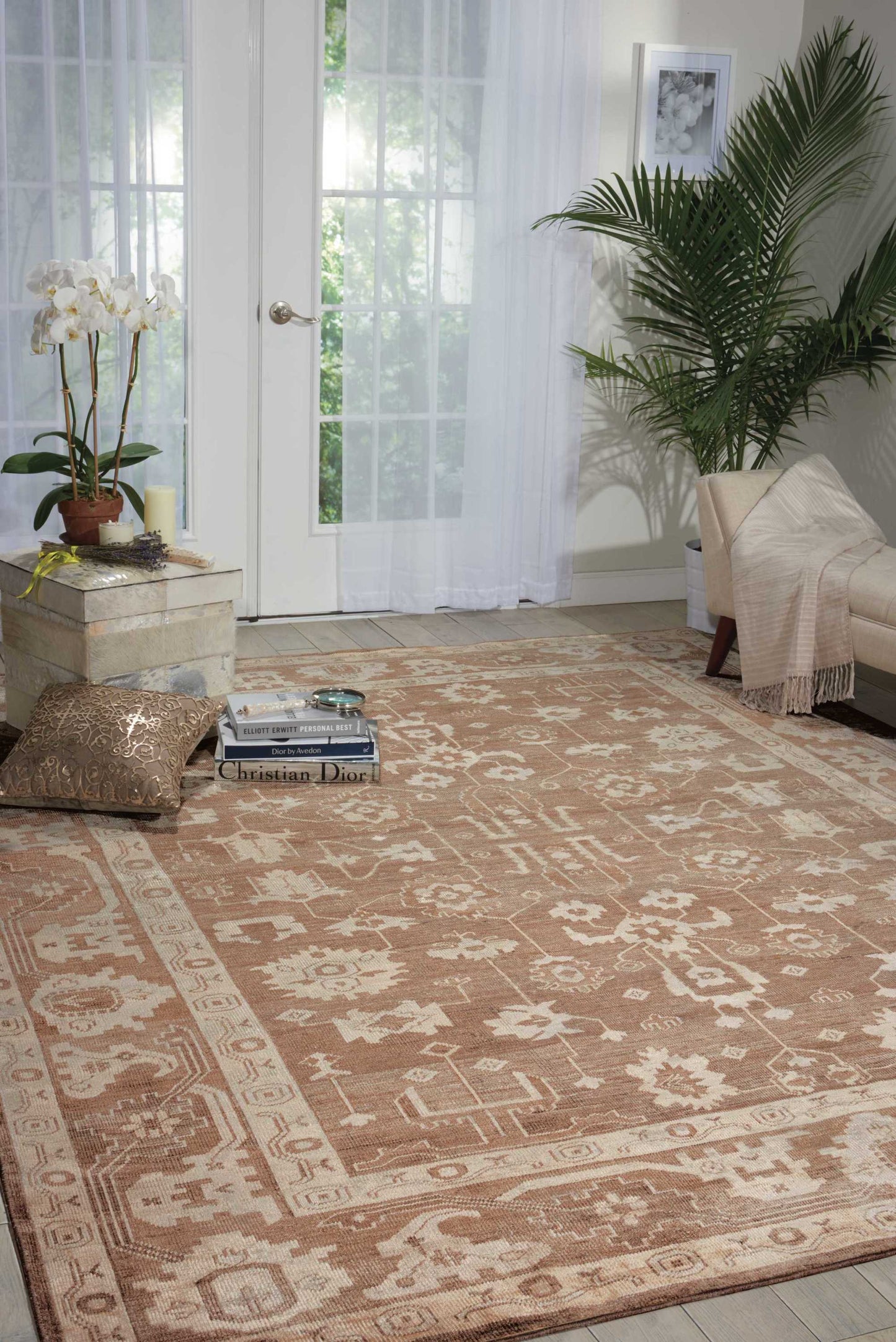 Beige oriental area rug with cream geometric floral motifs in a sunlit living room.