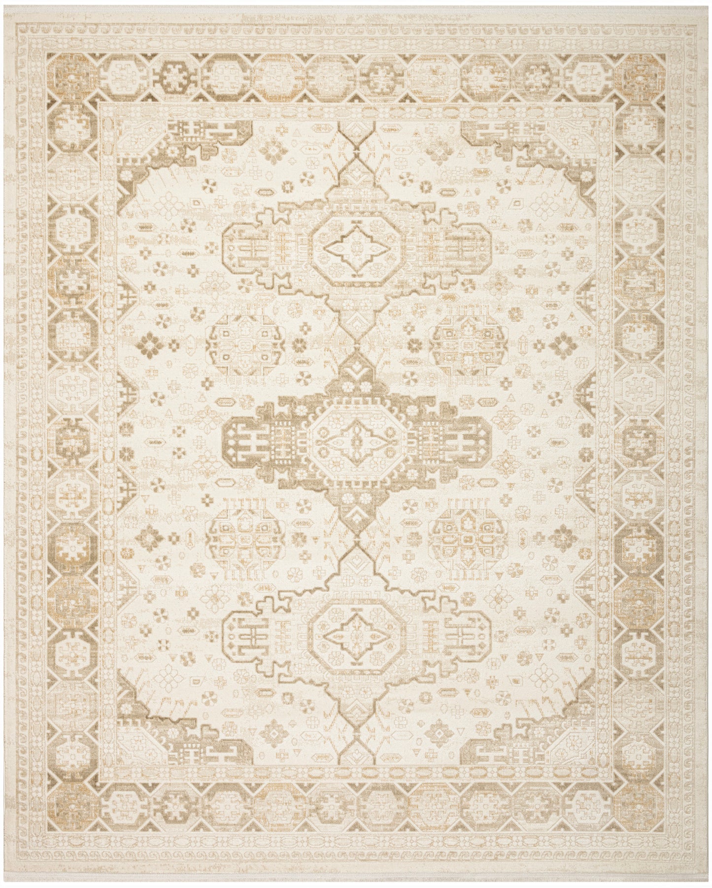 Cream and taupe Persian-style area rug with distressed geometric medallions and ornate border.
