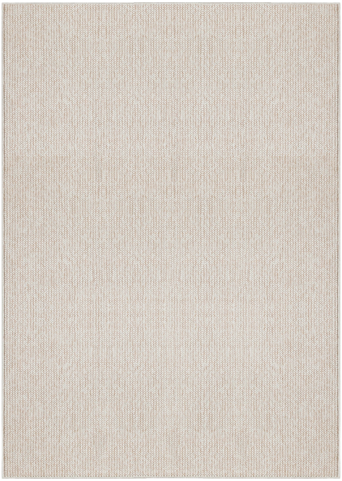 Rectangular beige woven area rug with subtle texture and slim border; versatile neutral for living rooms.