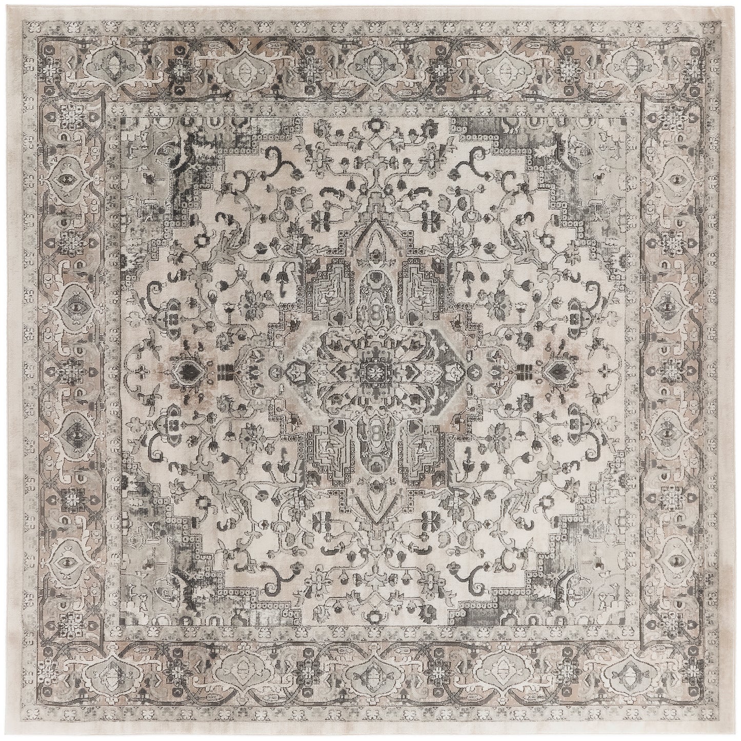 Neutral vintage Persian-style rug with central medallion, intricate floral motifs and faded beige-gray tones.
