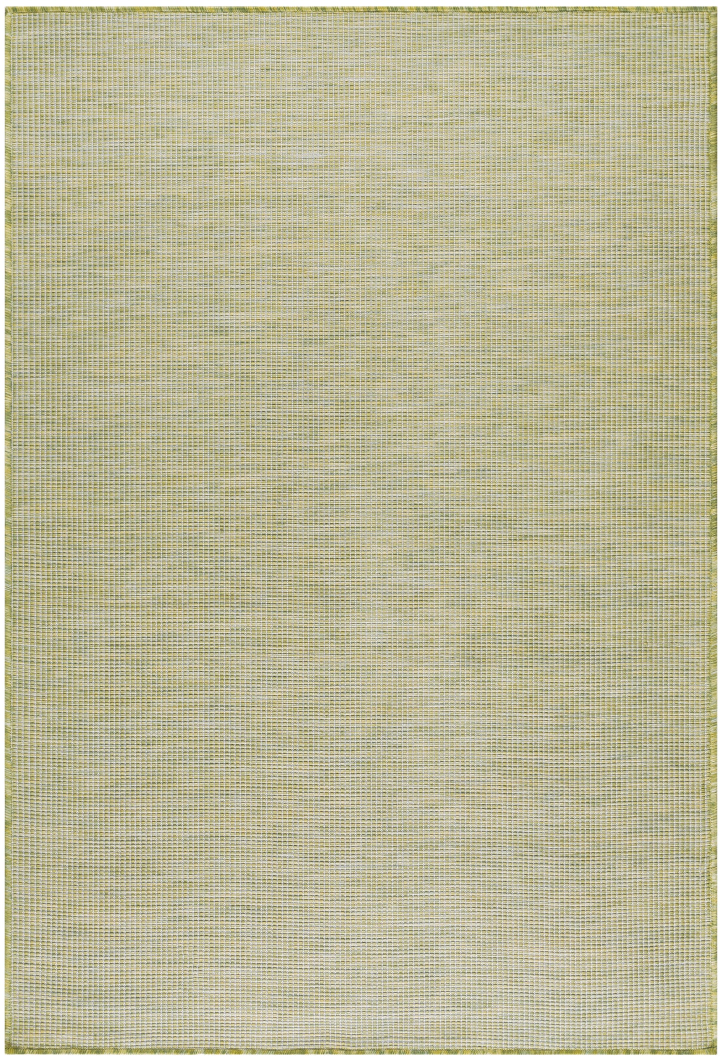 Rectangular woven area rug in pale beige with a subtle yellow-green tint and a narrow green border.