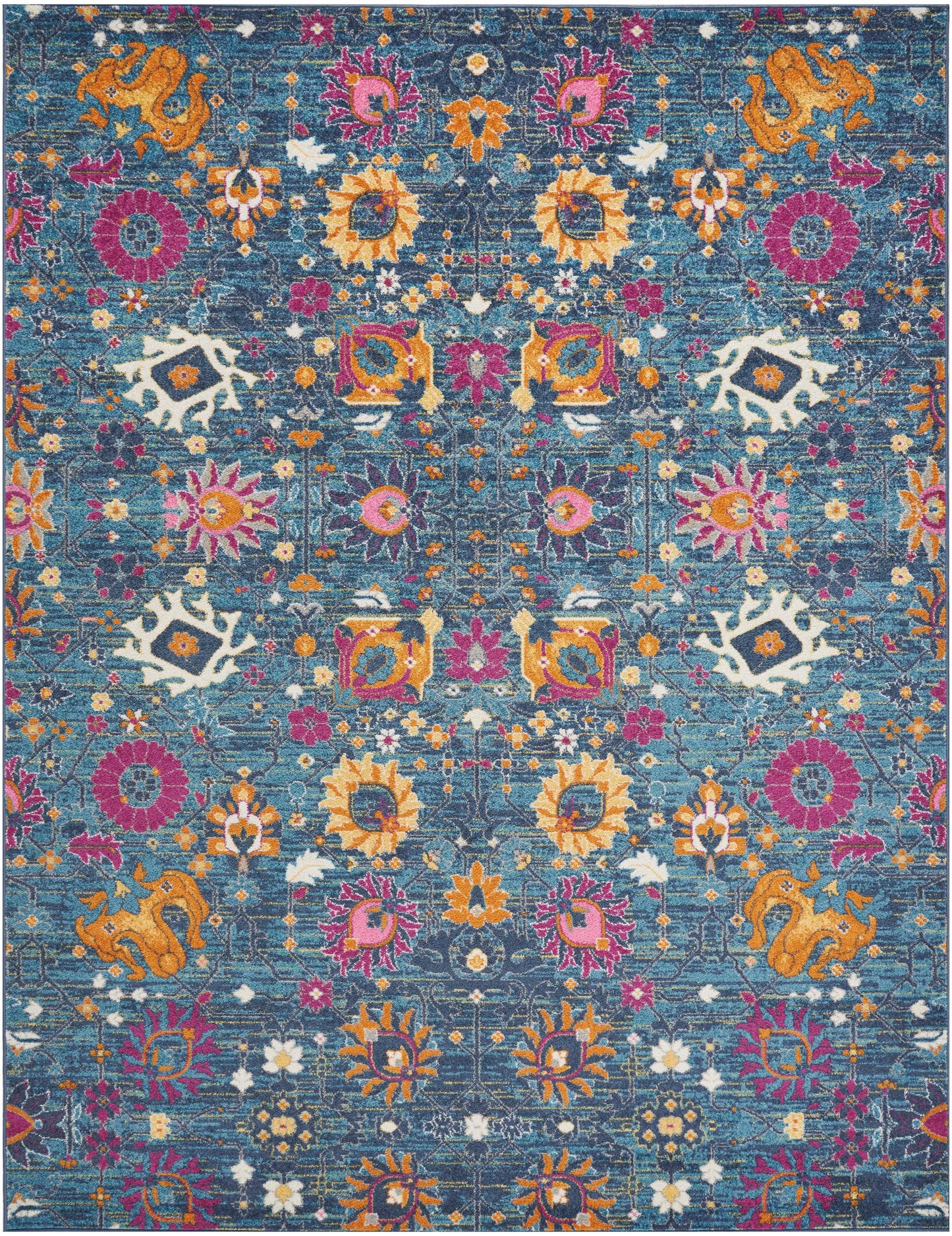 Vibrant teal rug with ornate oriental floral motifs in orange, pink, yellow and purple.