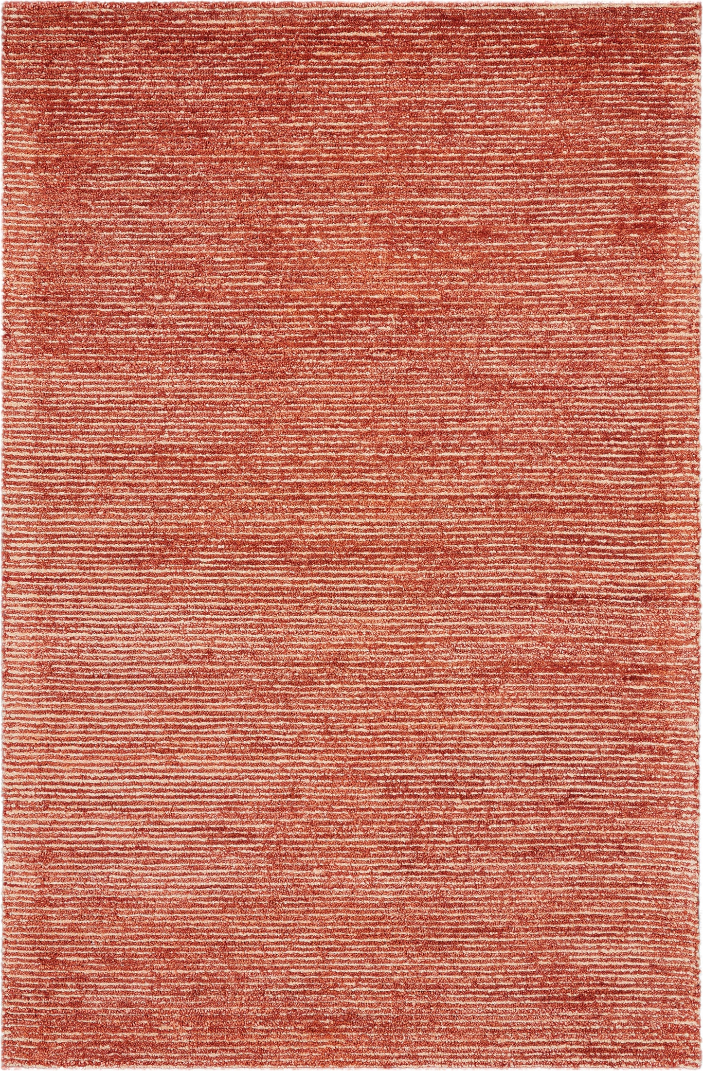 Rectangular brick-red rug with subtle horizontal striations and a warm textured weave.