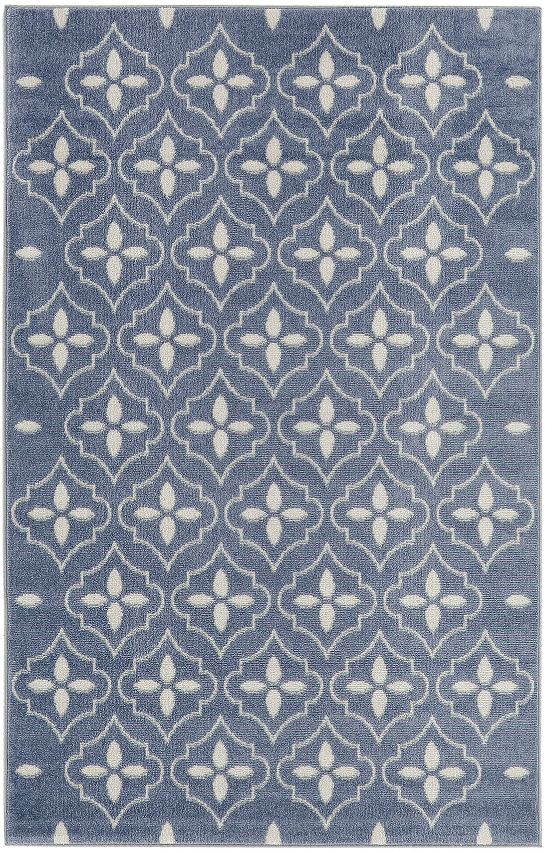 Blue area rug with white Moroccan quatrefoil lattice pattern; modern decorative floor covering.