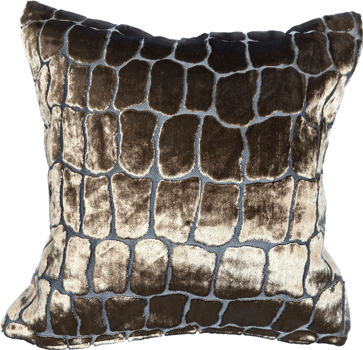 Animal Pillow Cover, 18x18 inches, earthy brown velvet-like fabric with a textured tile pattern and contrasting blue stitching