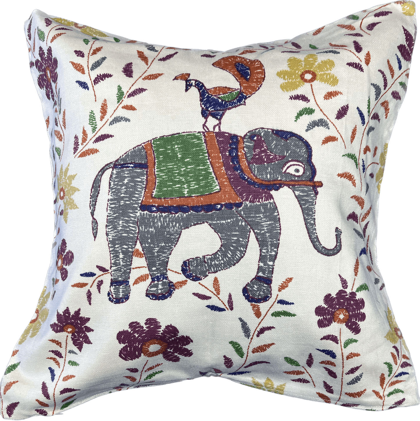 18x18 inch Elephant Pillow Cover featuring a colorful floral pattern in purple, green, and yellow on a cream background.