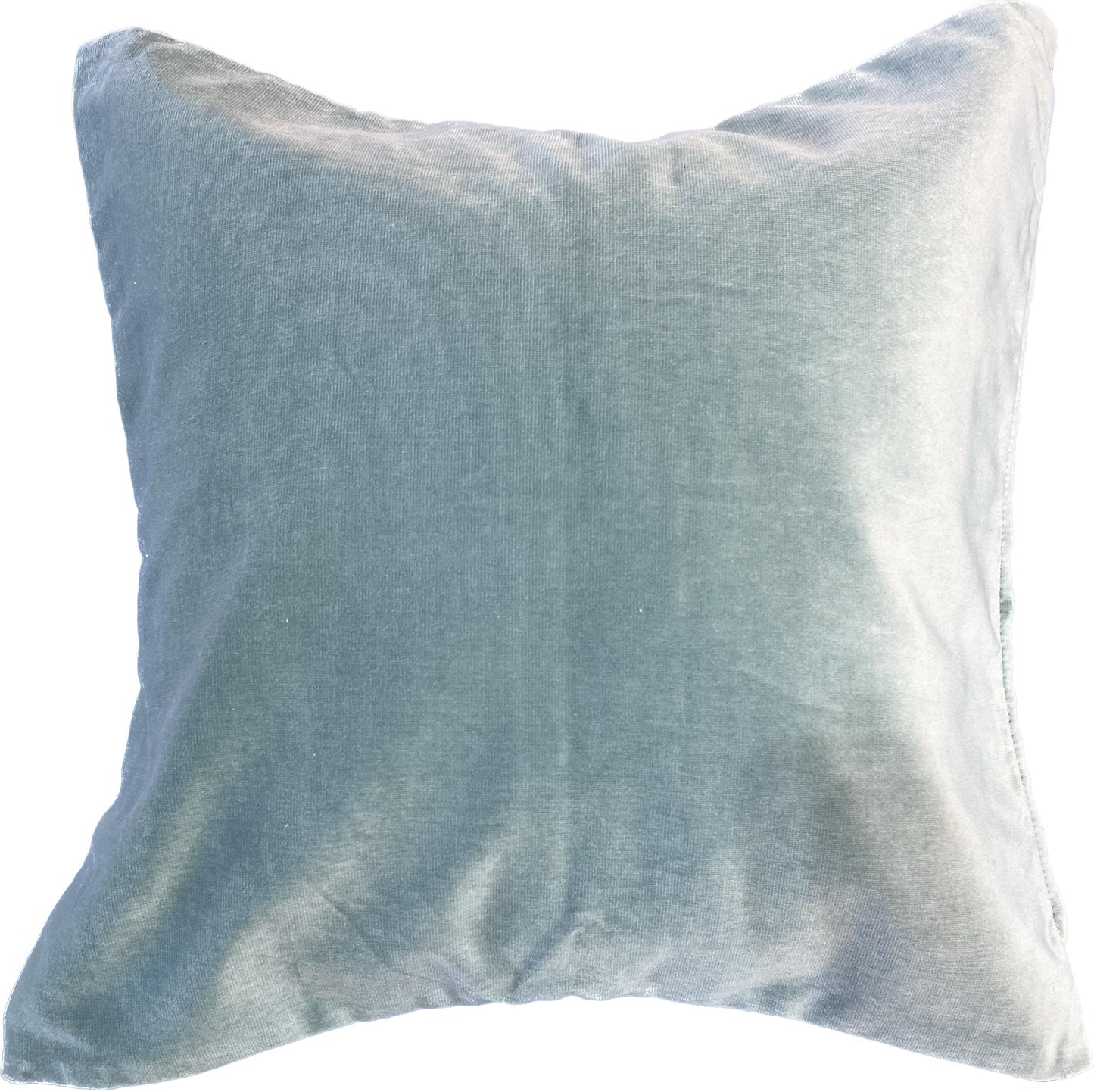 18x18-inch two-sided pillow cover in muted teal; front features a motif, back is solid velvet, with a soft textured finish