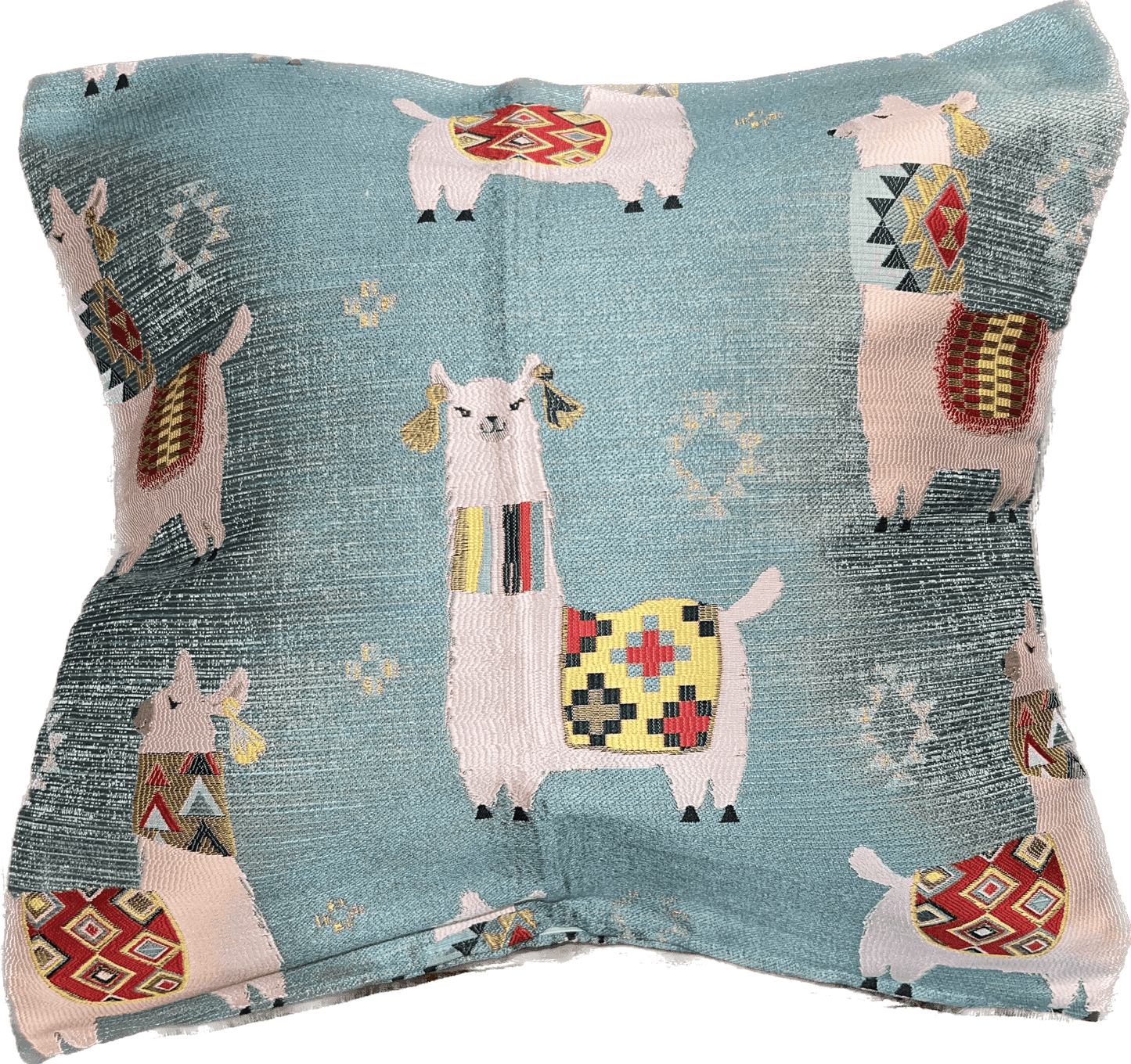Colorful pillow cover featuring playful alpacas on a textured light blue background, with decorative patterns on the alpacas' blankets.