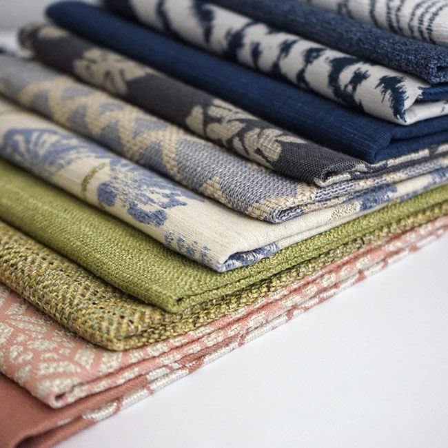 Curated selection of JF Everyday Affordable designer fabrics showcasing various textures and patterns. Primoends. Home Decor to Go