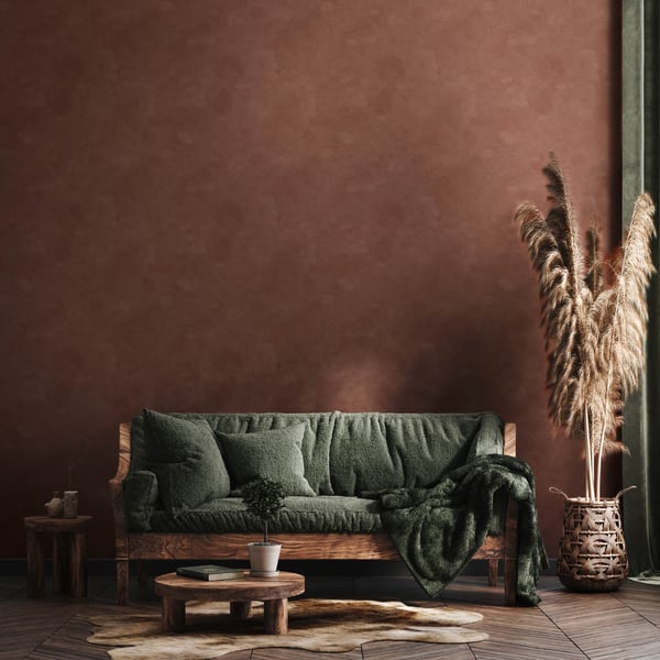 Rustic home décor by Primoends with natural-texture designer fabrics, farmhouse furniture, distressed wallpaper, and cozy throw pillows — Home Decor to Go.