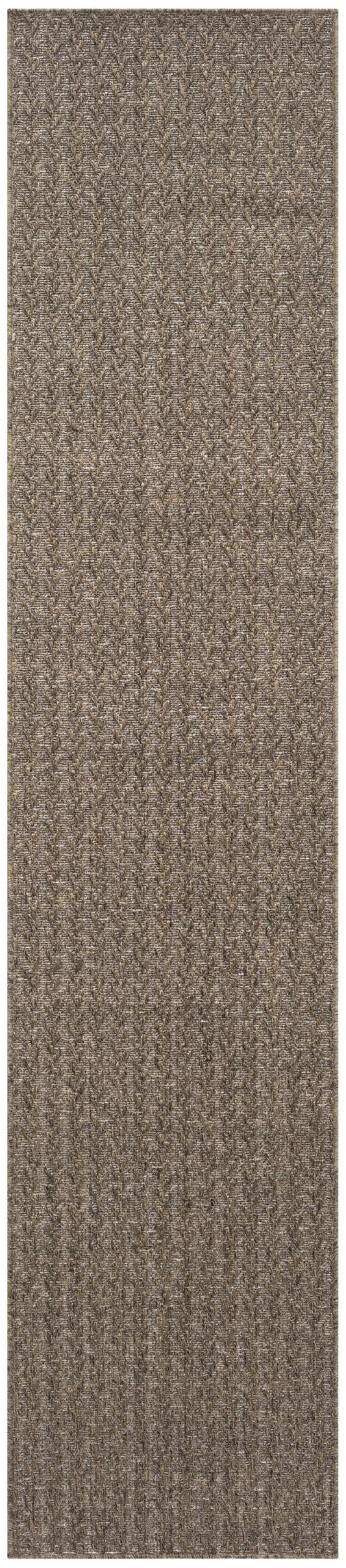 Rectangular outdoor rug runner in brown-taupe tweed with a chevron/herringbone weave.