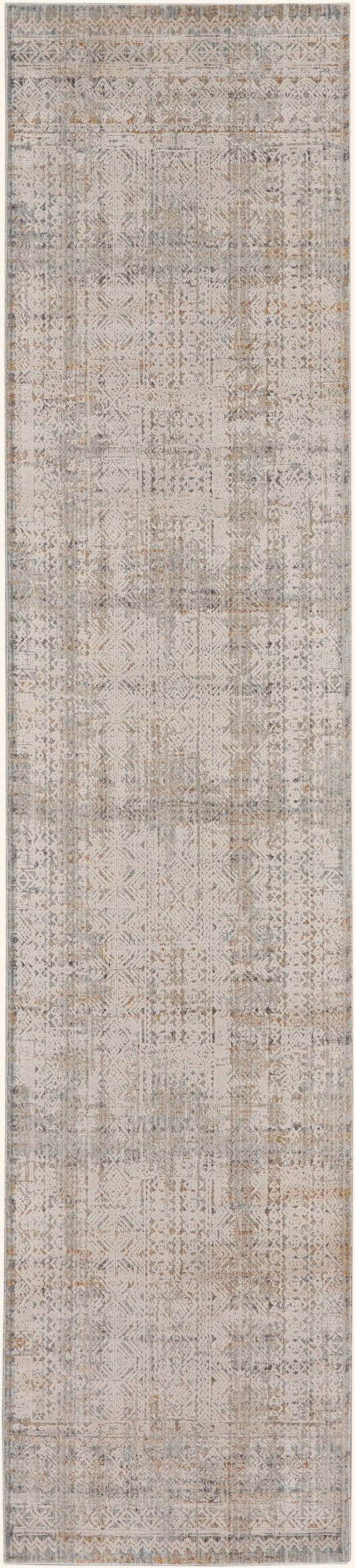 Distressed geometric runner rug in muted gray-beige tones with subtle blue accents, vintage-inspired.
