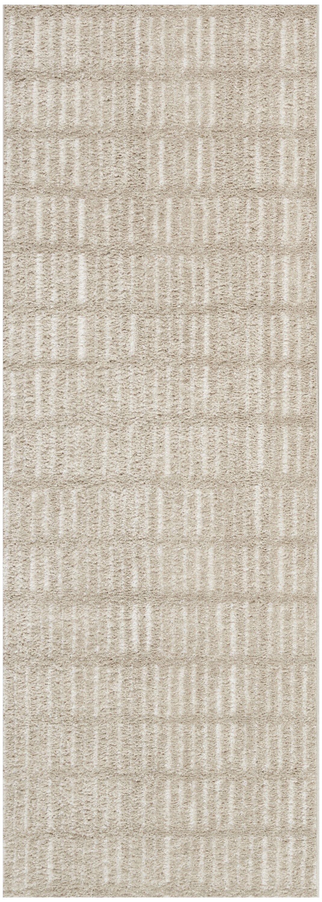 Beige textured runner rug with a subtle vertical stripe grid pattern; plush pile for modern living spaces.