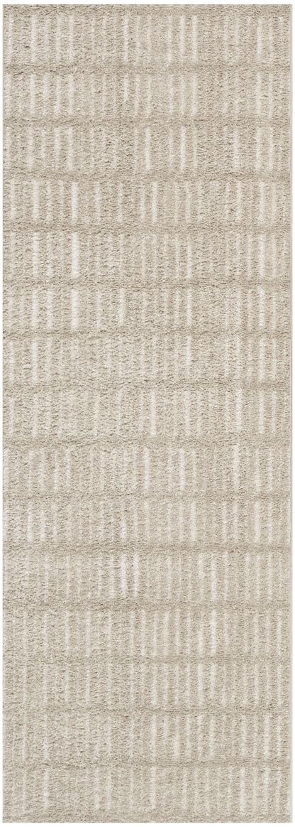Beige textured runner rug with a subtle vertical stripe grid pattern; plush pile for modern living spaces.