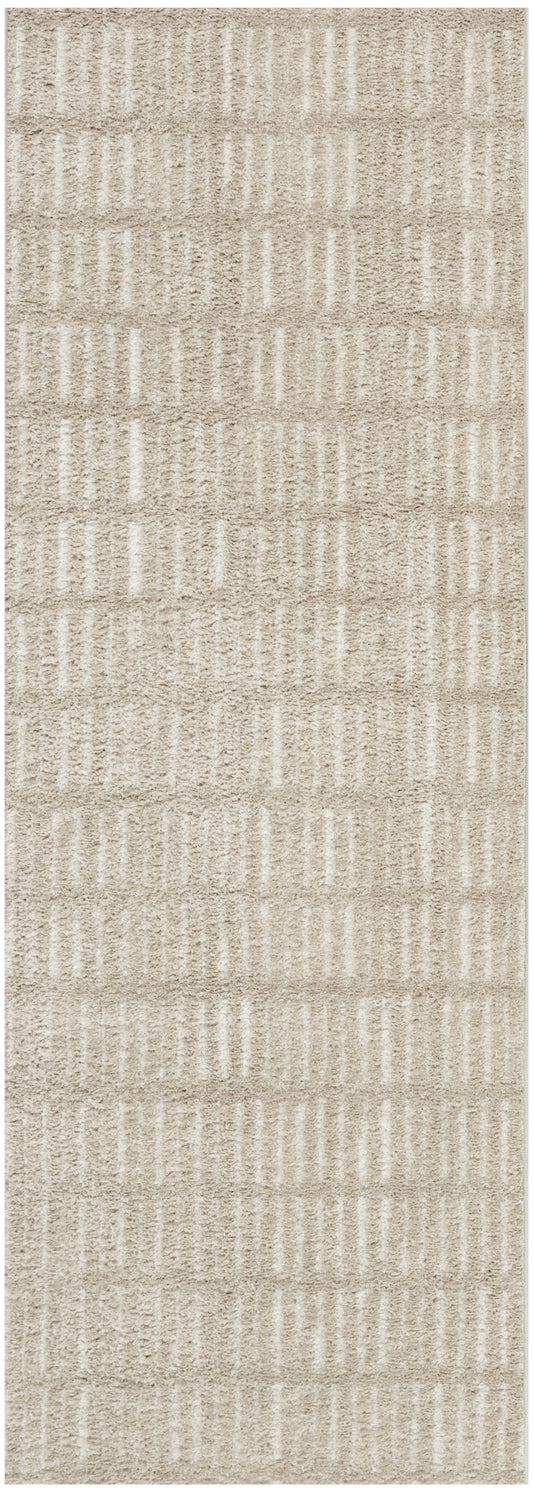 Beige textured runner rug with a subtle vertical stripe grid pattern; plush pile for modern living spaces.
