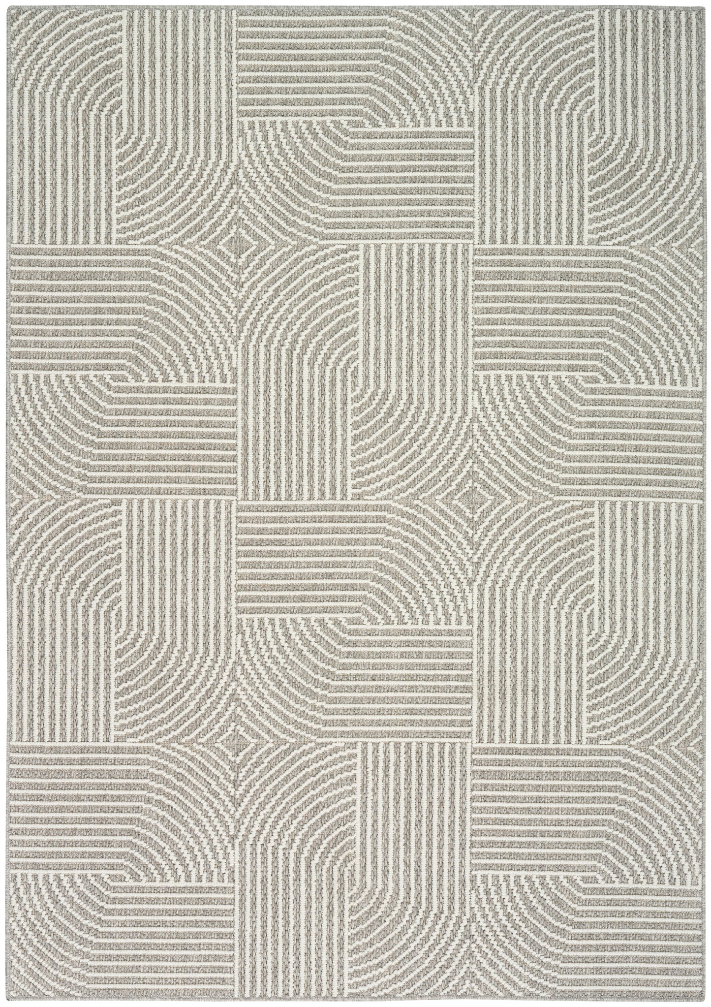 Beige and gray geometric rug with patchwork squares of concentric lines; modern home decor.