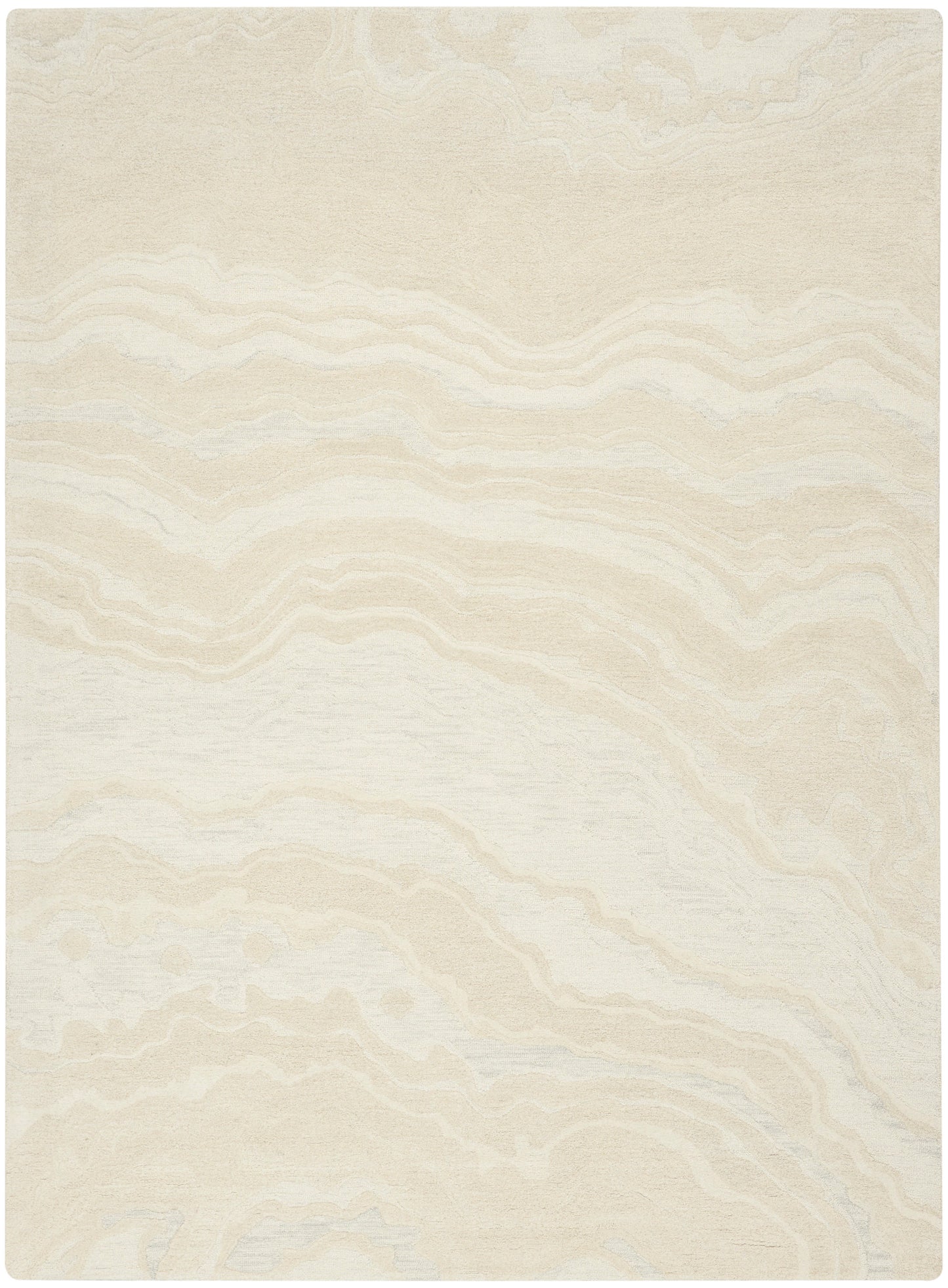 Beige and cream area rug with subtle marble-like wavy pattern; rectangular, soft textured floor decor.