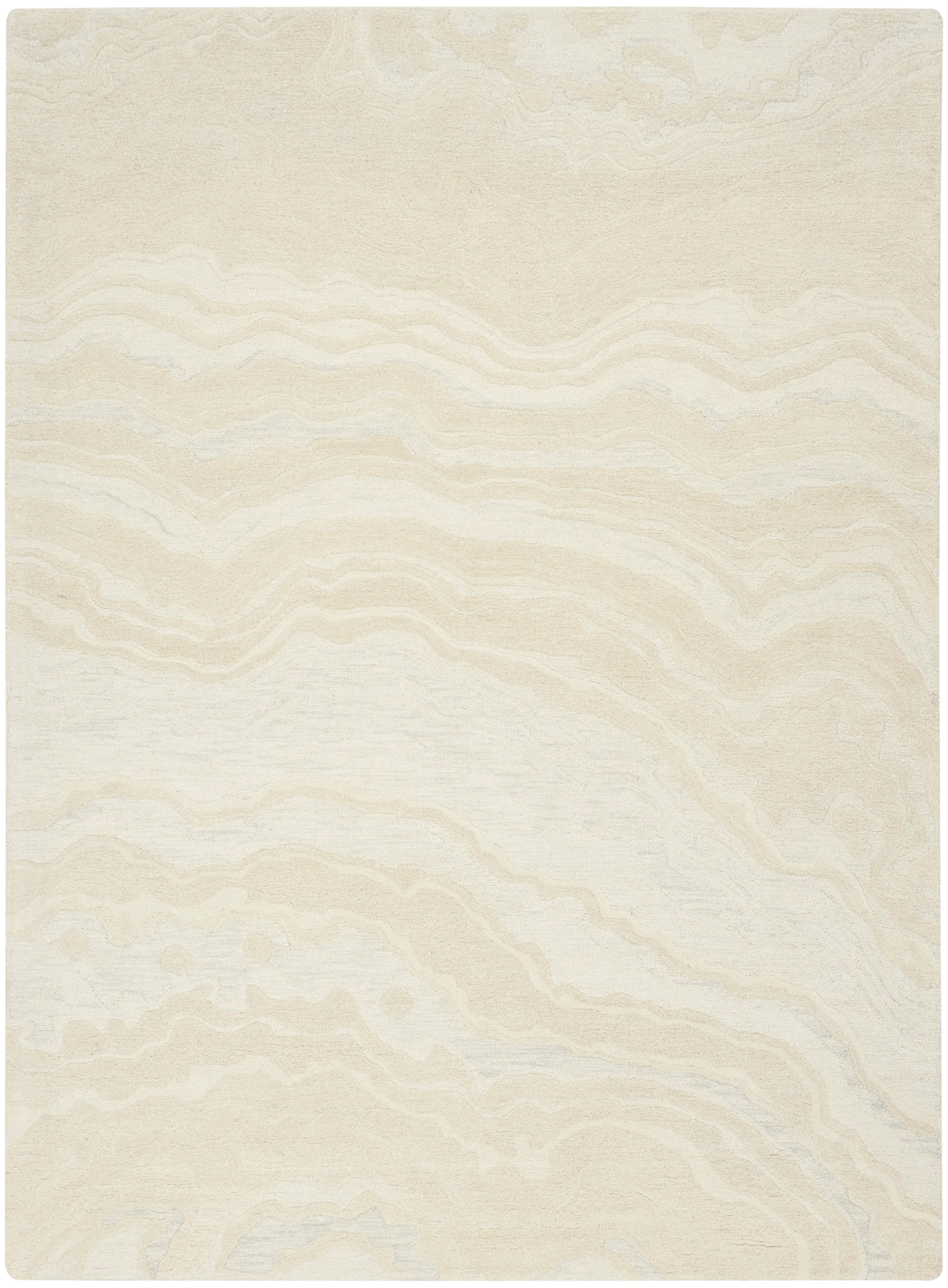 Beige and cream area rug with subtle marble-like wavy pattern; rectangular, soft textured floor decor.