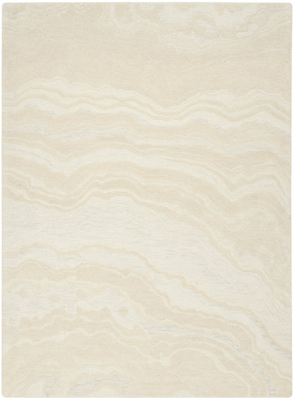 Beige and cream area rug with subtle marble-like wavy pattern; rectangular, soft textured floor decor.