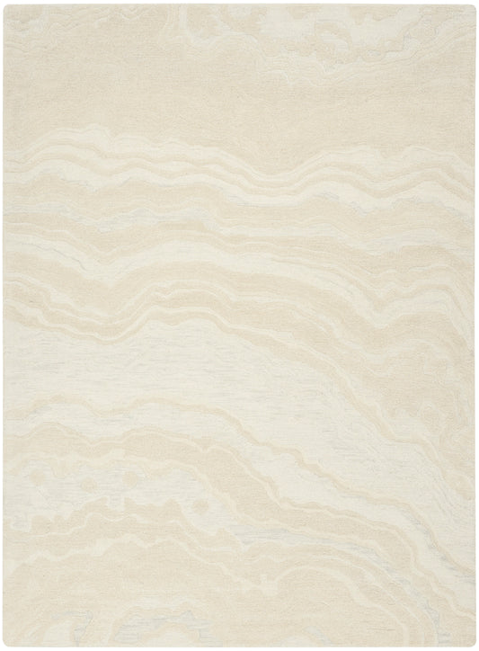 Beige and cream area rug with subtle marble-like wavy pattern; rectangular, soft textured floor decor.