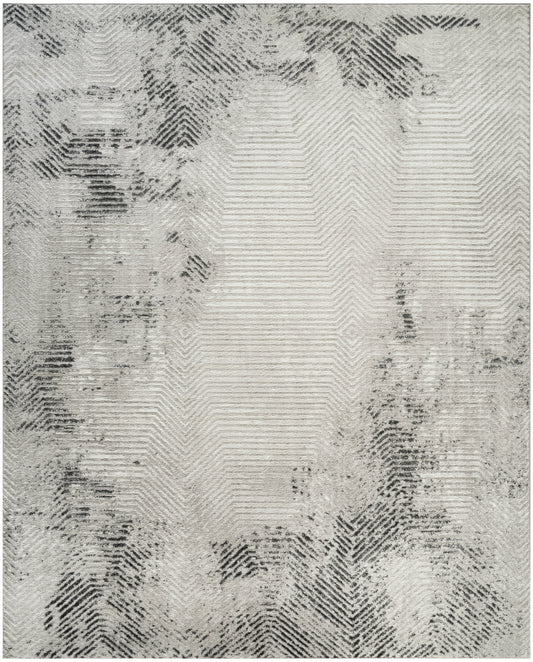 Gray and ivory area rug with a subtle chevron/herringbone pattern and irregular dark edges.