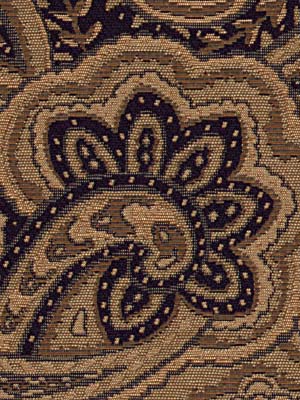 Close-up woven tapestry upholstery fabric in beige, tan and navy with a paisley motif.