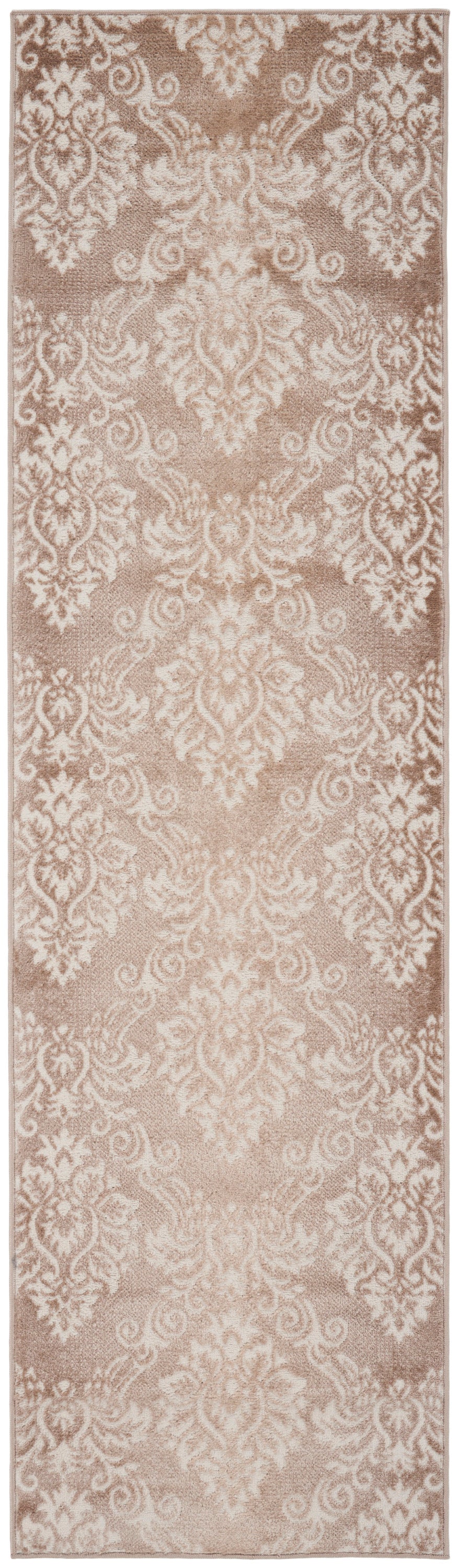 Narrow runner rug with taupe background and ivory damask pattern; traditional ornate design.