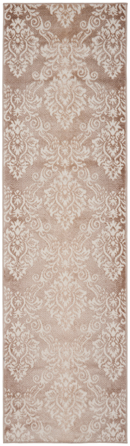 Narrow runner rug with taupe background and ivory damask pattern; traditional ornate design.