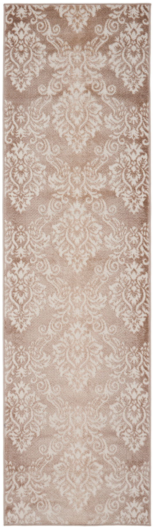 Narrow runner rug with taupe background and ivory damask pattern; traditional ornate design.