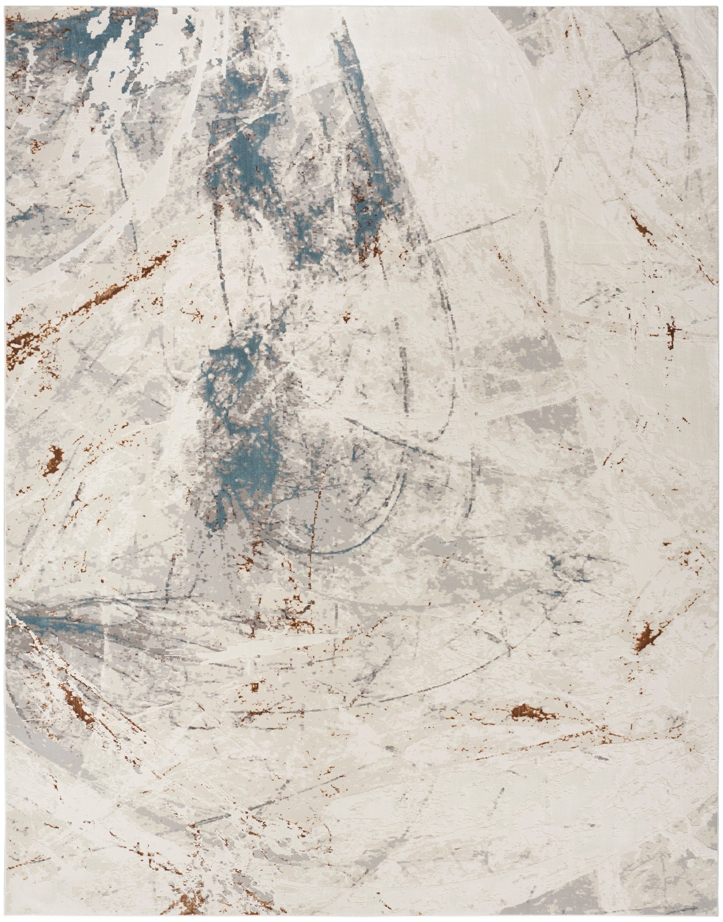 Abstract textured rug in cream with blue-gray swatches and brown streaks; modern 9' x 12' rug.