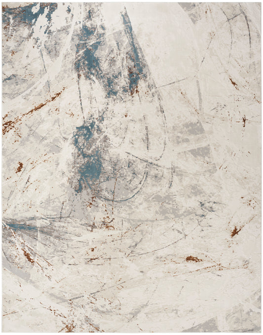 Abstract textured rug in cream with blue-gray swatches and brown streaks; modern 9' x 12' rug.
