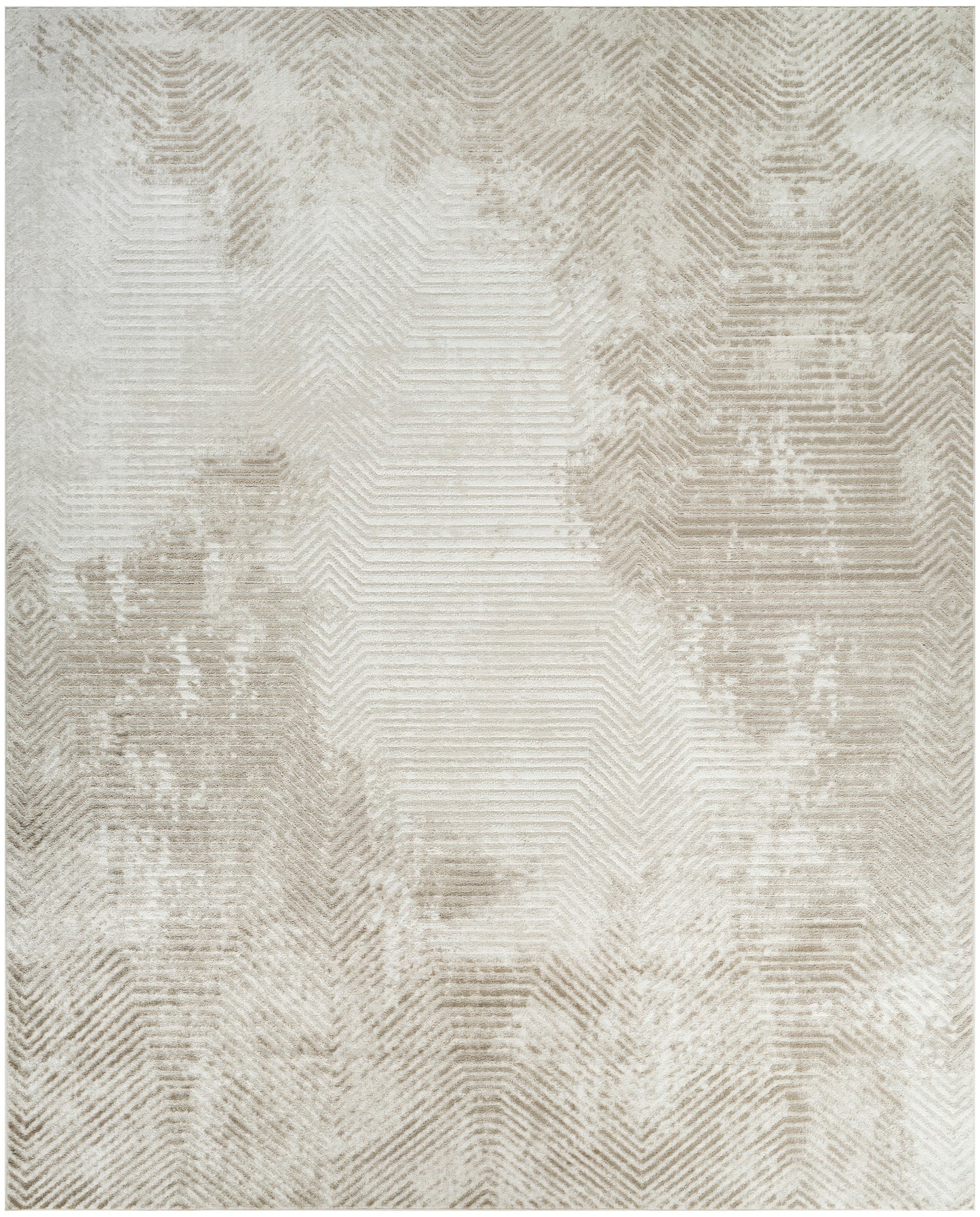 Neutral beige area rug with abstract, distressed chevron pattern in cream and taupe tones.