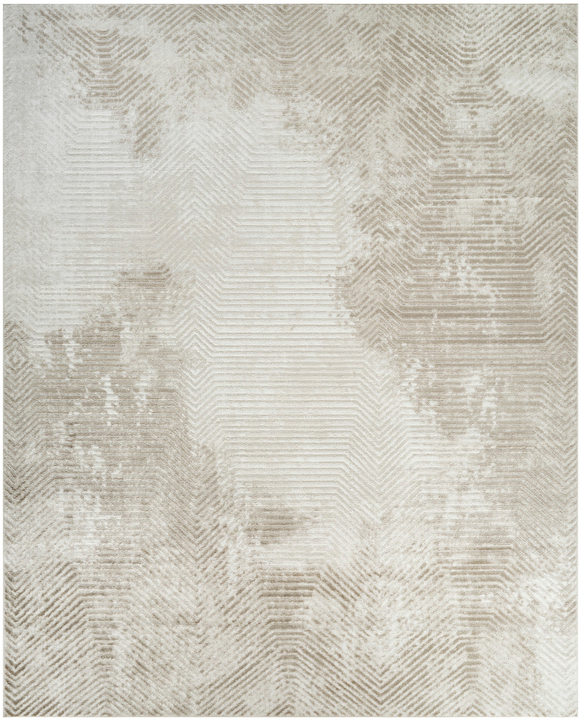 Neutral beige area rug with abstract, distressed chevron pattern in cream and taupe tones.