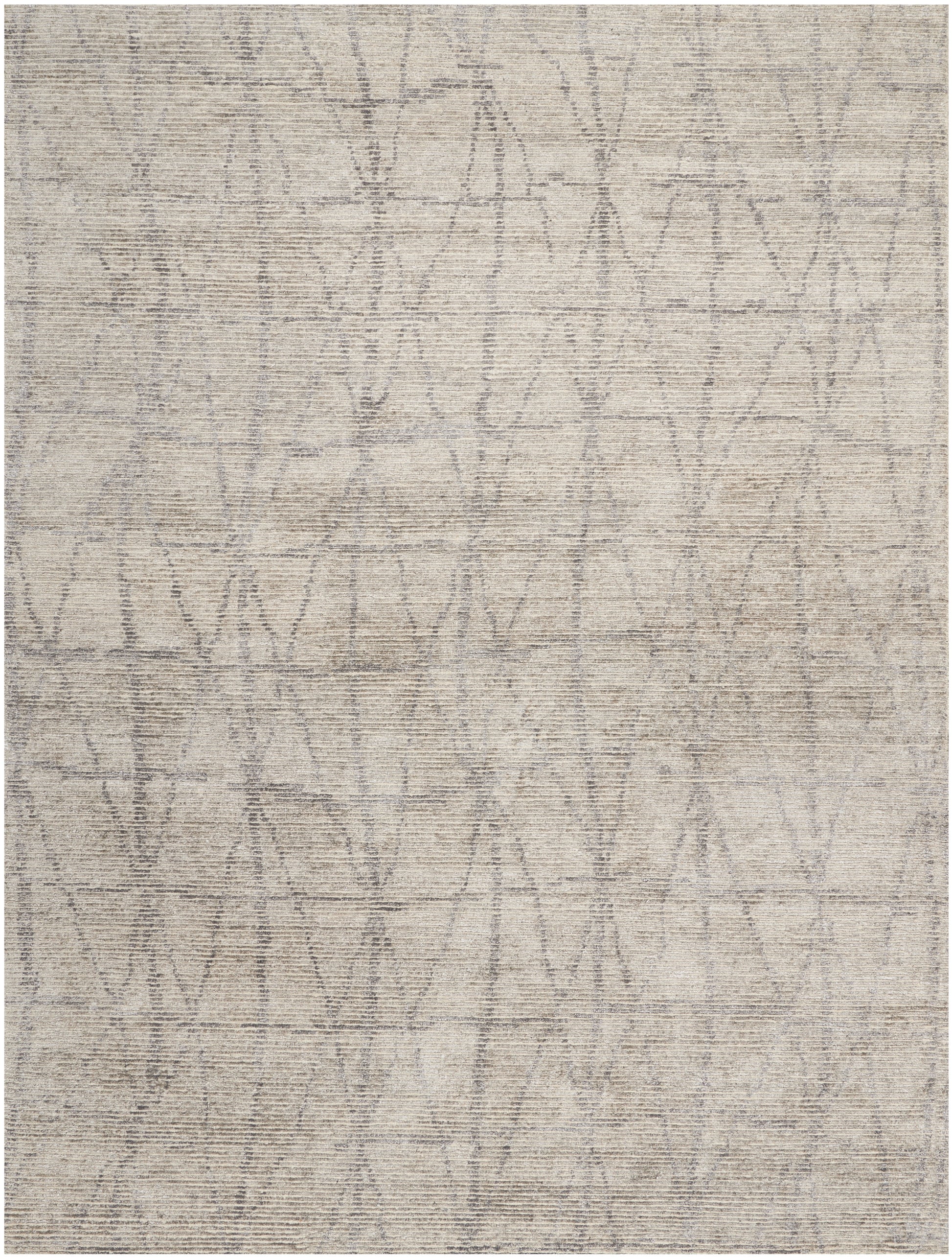 Light taupe-gray area rug with an allover abstract geometric lattice in muted, soft lines.