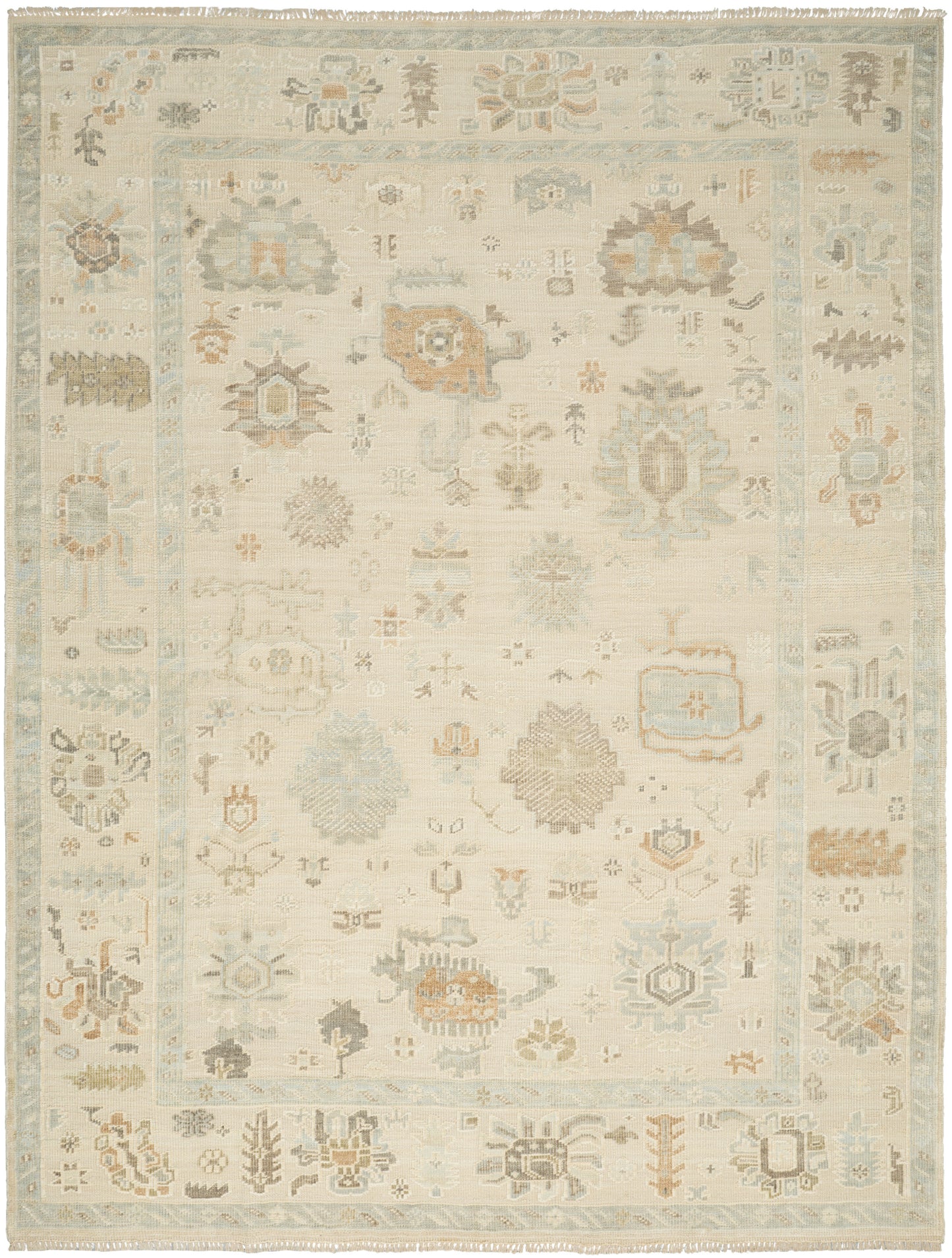Rectangular cream Oriental rug with pale blue border and faded pastel floral motifs; vintage traditional style.