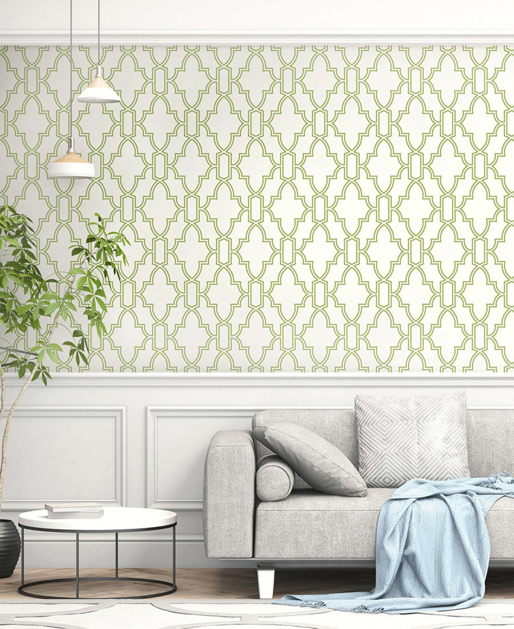 Green and white trellis wallpaper with a repeating geometric lattice pattern, creating a fresh and timeless accent wall. Peel-and-stick wallpaper ideal for bedrooms, bathrooms, kitchens, dining rooms, entryways and home offices.