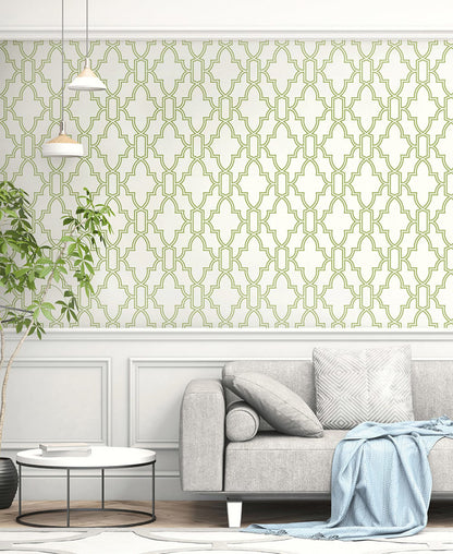 Green and white trellis wallpaper with a repeating geometric lattice pattern, creating a fresh and timeless accent wall. Peel-and-stick wallpaper ideal for bedrooms, bathrooms, kitchens, dining rooms, entryways and home offices.