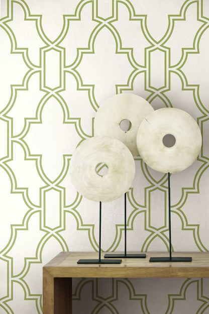 Green and white geometric peel-and-stick wallpaper featuring a classic trellis pattern. Washable and strippable wallpaper for accent walls, bedroom decor, bathroom walls, kitchen spaces, cottage interiors, traditional homes and modern DIY room makeovers.