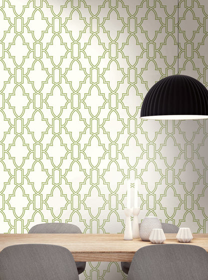 Green and white geometric peel-and-stick wallpaper featuring a classic trellis pattern. Washable and strippable wallpaper for accent walls, bedroom decor, bathroom walls, kitchen spaces, cottage interiors, traditional homes and modern DIY room makeovers.