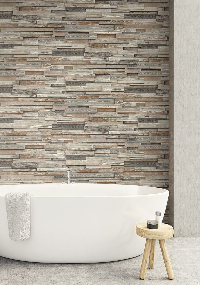 NextWall Reclaimed Wood Plank peel and stick wallpaper in charcoal and brown with realistic weathered wood boards. Removable, washable wallpaper for farmhouse, rustic, industrial, and modern accent walls in living rooms, bedrooms, offices, and entryways.