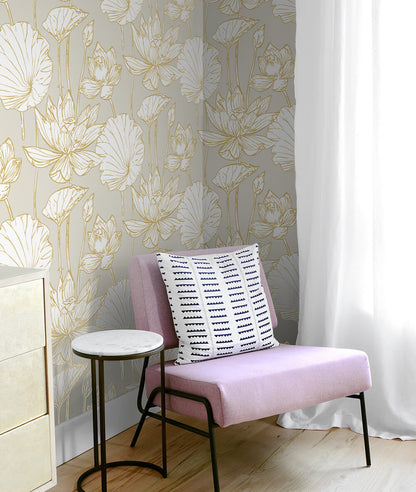 Lotus Floral Peel and Stick Wallpaper featuring metallic gold and gray botanical floral design with elegant lotus-inspired patterns. Removable self-adhesive wallpaper ideal for accent walls in bedrooms, living rooms, bathrooms, offices, and entryways. Perfect for renter-friendly DIY interior design, modern glam, boho, transitional, and luxury home decor styles.