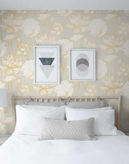 NextWall NextWall Peel & Stick Lotus Floral Floral Contemporary Grey Metallic  - NW33118