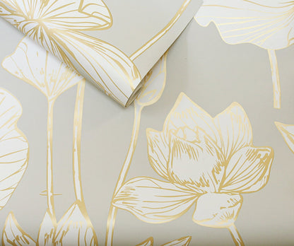 NextWall NextWall Peel & Stick Lotus Floral Floral Contemporary Grey Metallic  - NW33118