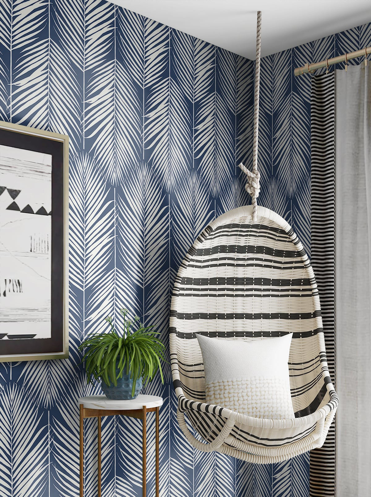 Palm Silhouette Coastal Blue peel and stick wallpaper featuring tropical palm leaf silhouettes in soft coastal blue tones, removable renter-friendly botanical wallpaper by NextWall, ideal for modern coastal, boho, and tropical accent wall home décor in bedrooms, living rooms, offices, and entryways.