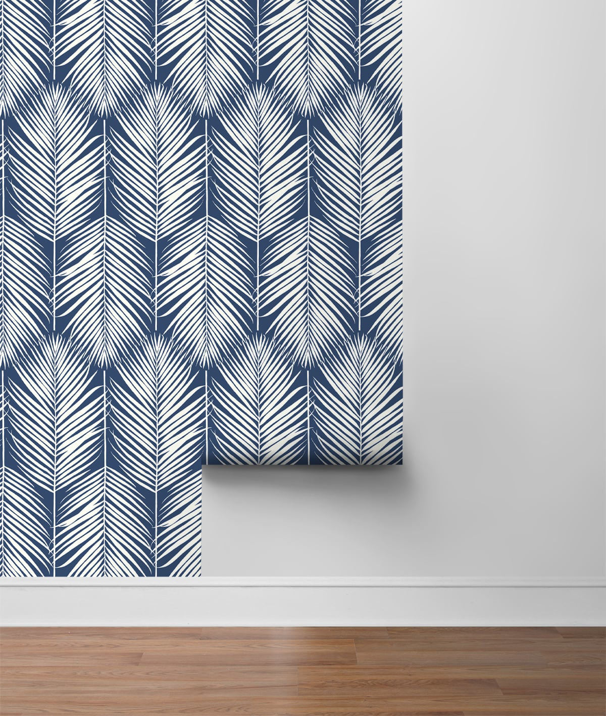Palm Silhouette Coastal Blue peel and stick wallpaper featuring tropical palm leaf silhouettes in soft coastal blue tones, removable renter-friendly botanical wallpaper by NextWall, ideal for modern coastal, boho, and tropical accent wall home décor in bedrooms, living rooms, offices, and entryways.