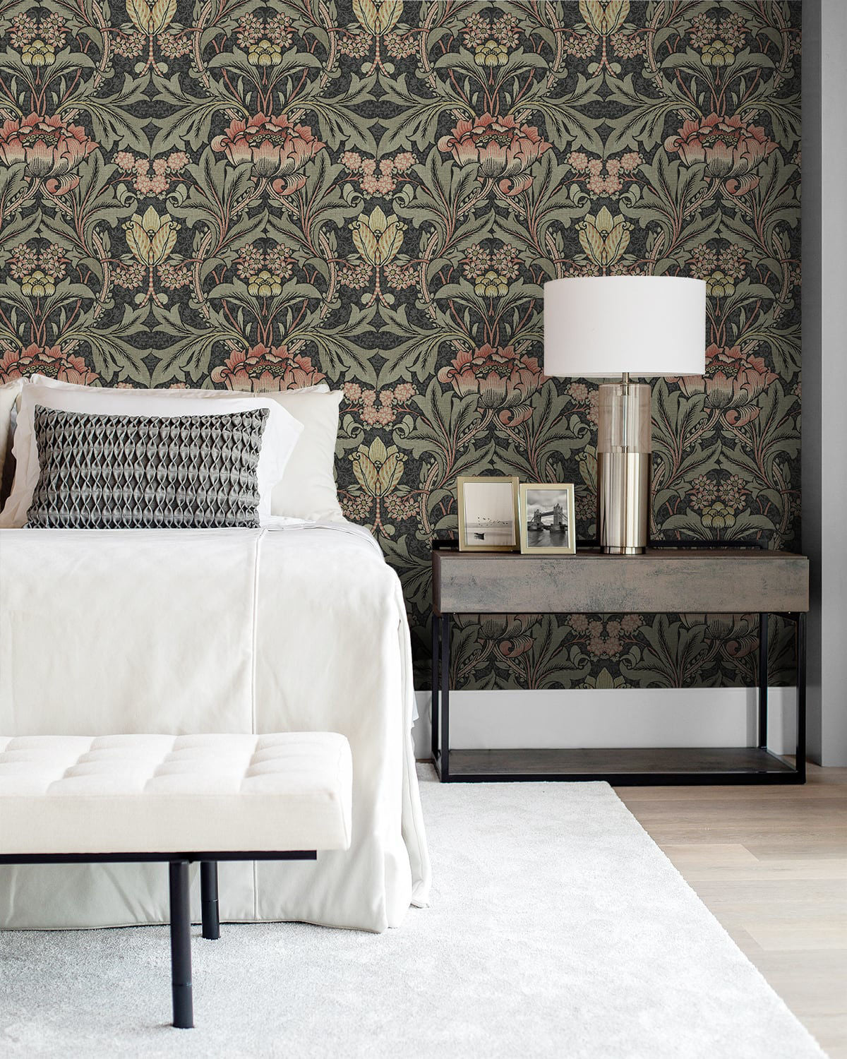 Acanthus Floral peel-and-stick wallpaper in charcoal black and rosewood featuring an intricate botanical leaf and floral pattern. The elegant vintage-inspired wallpaper creates a dramatic, sophisticated accent wall for bedrooms, powder rooms, dining rooms, entryways, living rooms and home offices, complementing traditional, transitional, vintage and modern home decor.