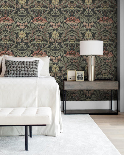 Acanthus Floral peel-and-stick wallpaper in charcoal black and rosewood featuring an intricate botanical leaf and floral pattern. The elegant vintage-inspired wallpaper creates a dramatic, sophisticated accent wall for bedrooms, powder rooms, dining rooms, entryways, living rooms and home offices, complementing traditional, transitional, vintage and modern home decor.